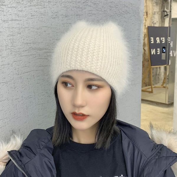 

beanies fur knitted warm hat women lady fashion lovely cat ear skullies autumn winter stretch solid bonnet caps