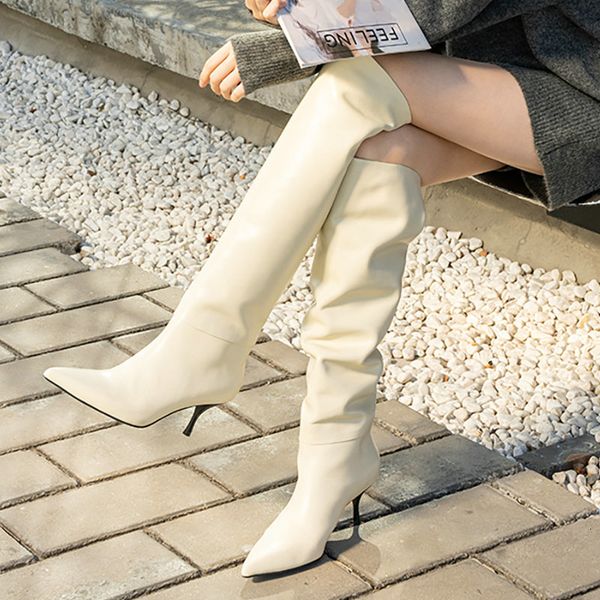 

boots faux leather pointed toe knee high woman fashion thin heel over the beige black brand design new long ptuv