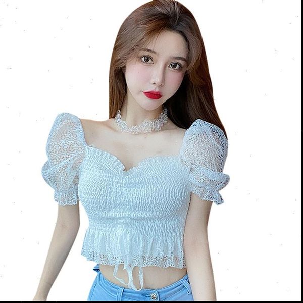 

elegant square collar summer women shirts short sleeve solid color sweet korean style, White