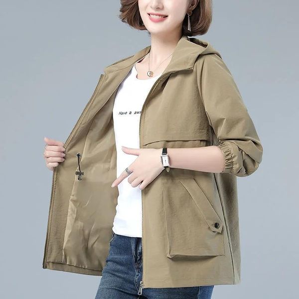 

women's trench coats 2021 autumn spring womens windbreaker korean wild loose hooded outwear fashion plus size jacket female coat, Tan;black