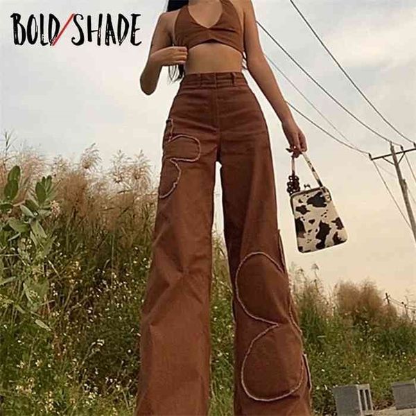 

bold shade indie clothes aesthetic women jeans floral high waist brown wide legs pants denim skater style 90s vintage streetwear, Blue