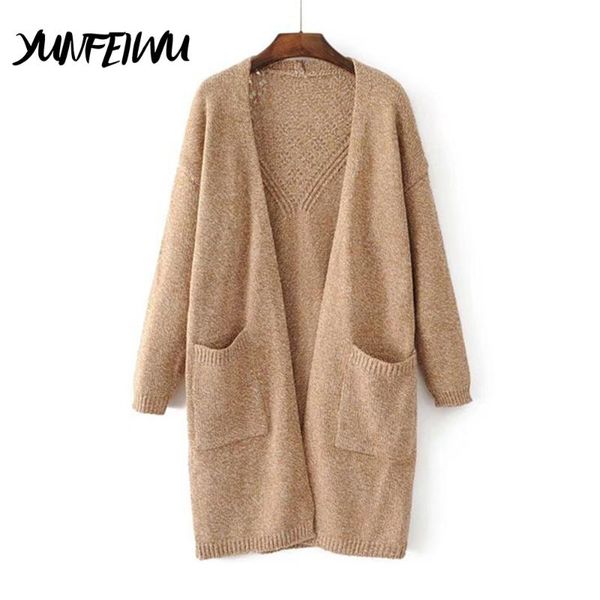 Supula feminina feminino Autumn Winter Fashion Long Hollow Out Cardigan de grandes dimensões de malha com bolsos grandes