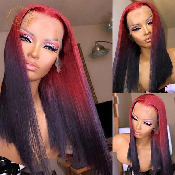 

lace wigs ombre color frontal red black 13x4 front wig 180% density 2 tones colored human hair closure with baby, Black;brown