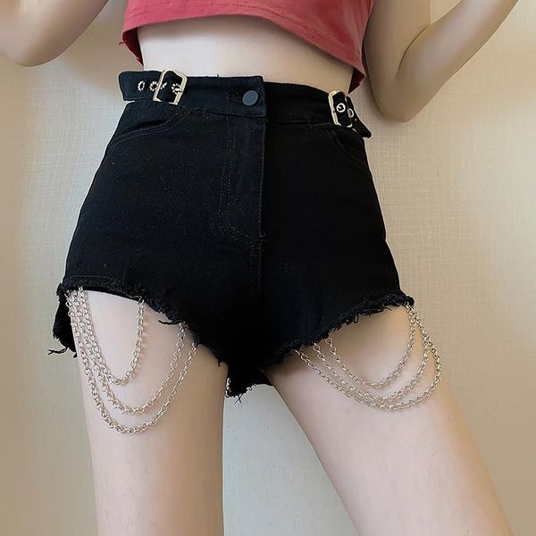 

women's jeans black shorts high-waisted chain decoration female pants ripped for women skinny woman 666c, Blue