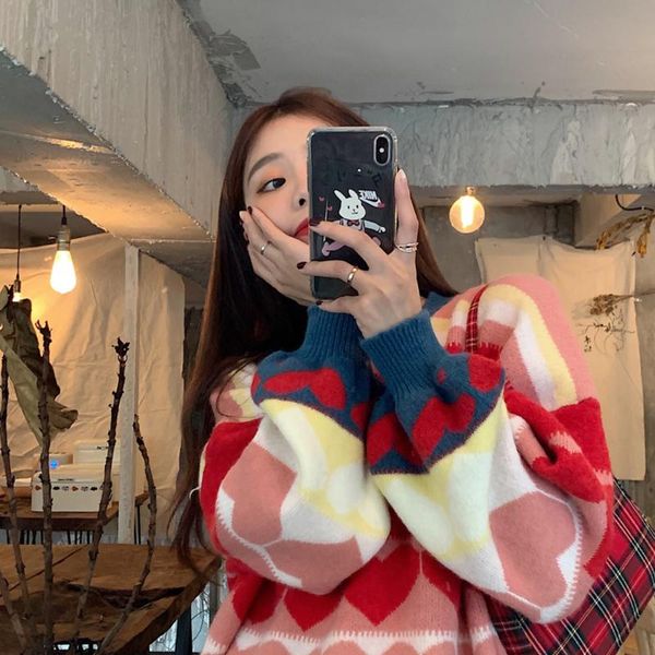 

women's sweaters autumn and winter korean version of 2021 women love color matching jacquard loose lazy style bubble sleeve long-sleeve, White;black