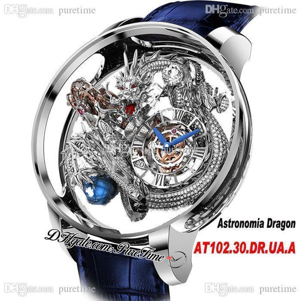 Astronomia Tourbillon Серебряный Дракон Швейцарские Кварцевые Мужские Часы Pave Pive Уникальные Полностью прозрачные Стекло 3D Гравировальные Часы Синяя Кожа Супер издание PureTime B2