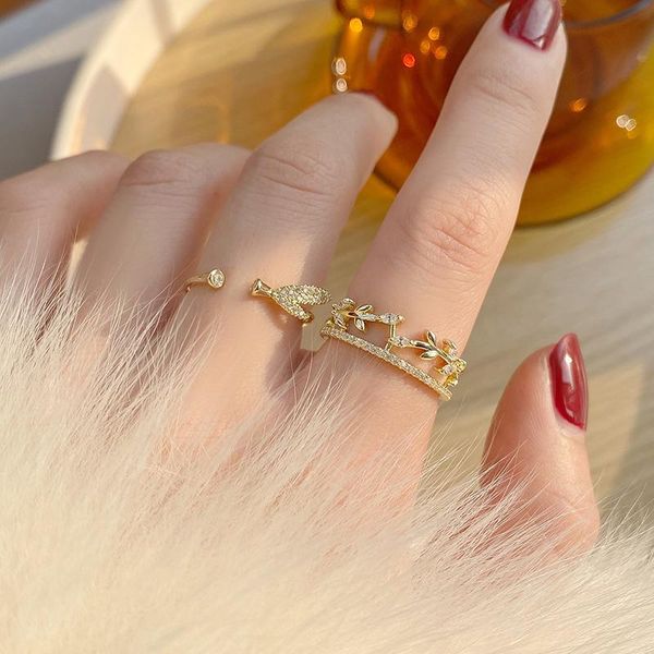 

real gold engagement adjustable rings for women luxury jewelry zircon elegant wedding vintage leaves cluster, Golden;silver