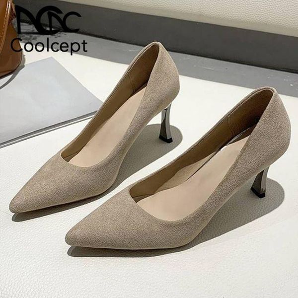 

dress shoes coolcept thin heel woman pumps pointed toe female shallow suede high office lady size 34-40, Black