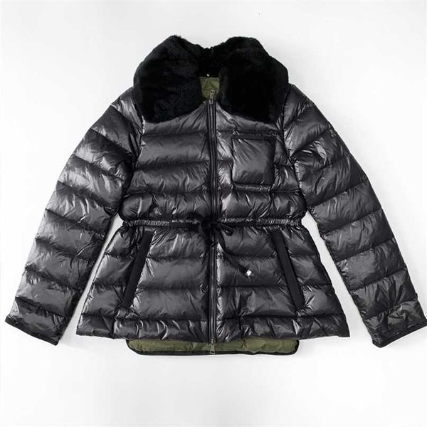 Cappotto in vera pelliccia di coniglio invernale 90% piumino d'anatra bianco corto Parka con fascia allacciata cappotti caldi femminili 211216