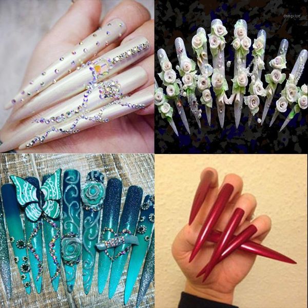 

fingerqueen clear 12 x super long sharp stiletto false tips for 3d acrylic uv gel nail art1, Red;gold