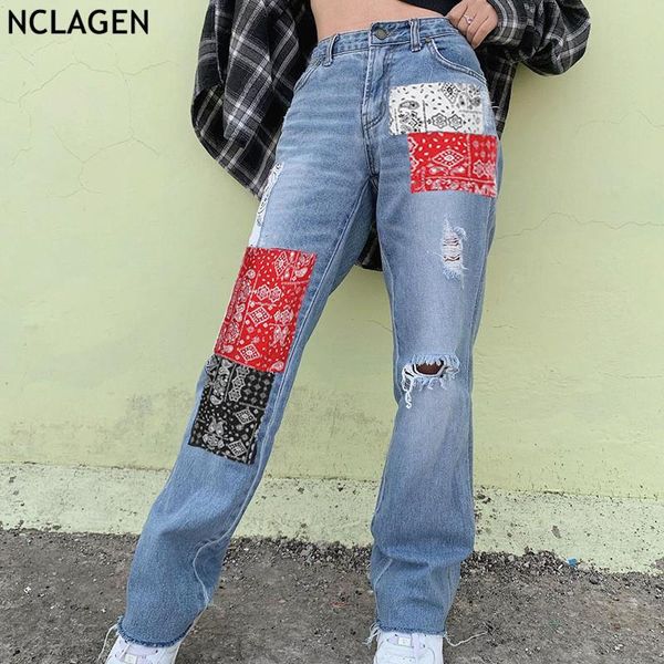 

contrast color patches patchwork high waist jeans pants vintage ripped hole denim trousers mujer harajuku stylish capris women's, Blue