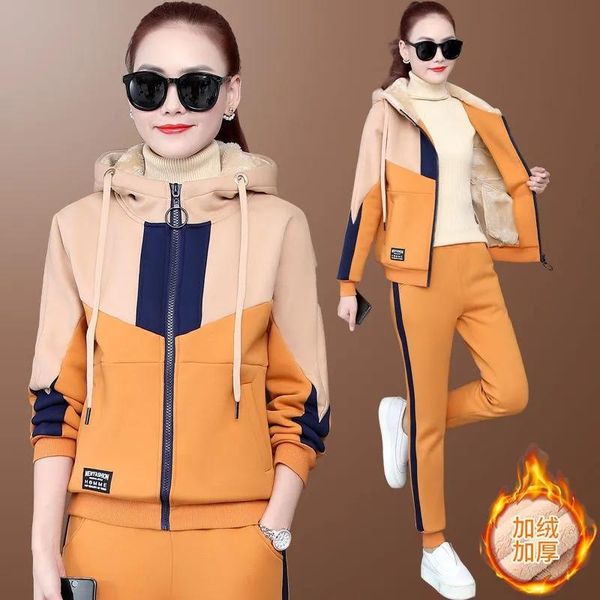 

women's two piece pants fall winter thicken fleece warm sweatsuit women 2 set fashion faux lambswool hooded jacket pant suit plus size, White