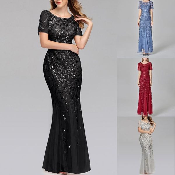 

casual dresses elegant party women dress o neck short sleeve solid slim bodycon gauze sequins bling fashion lady evening maxi long #50, Black;gray