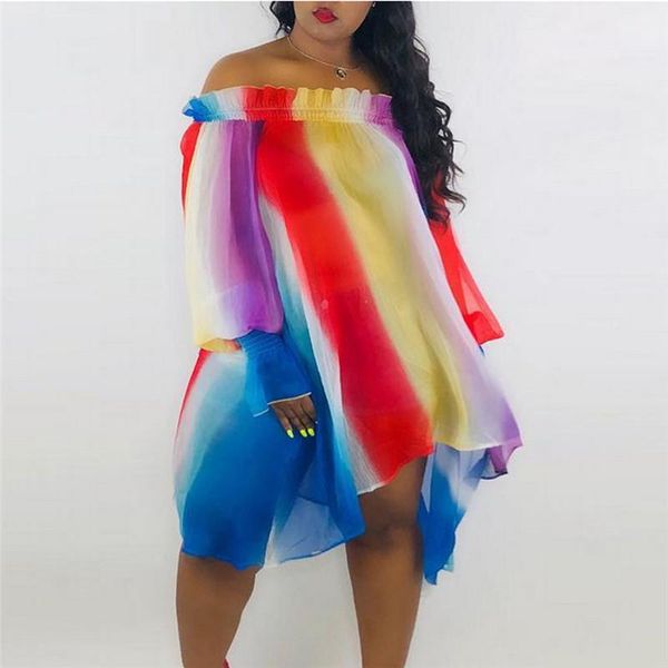 

casual dresses boho womem dress off the shoulder ladies mini rainbow striped long puff sleeve sundress fashion straight women 2021, Black;gray