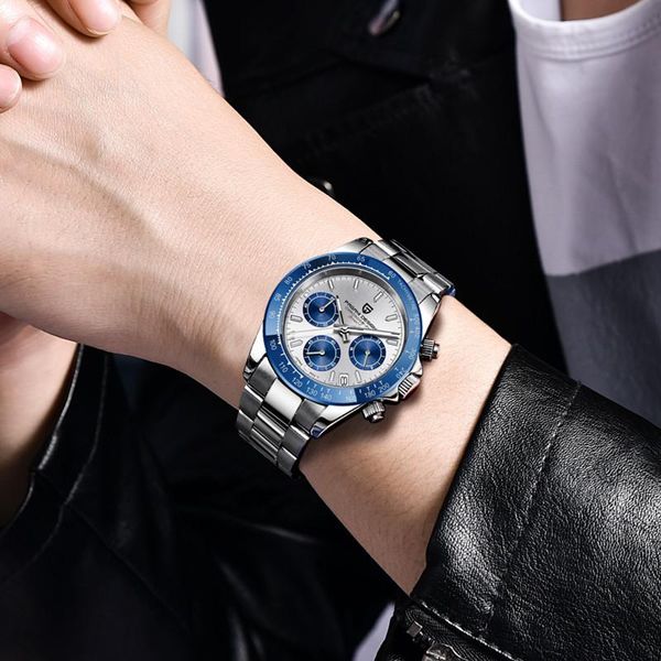 

wristwatches pagani design blue sports mens watch brand stainles steel waterproof sapphire watches men vk63 chronograph relogio masculin, Slivery;brown