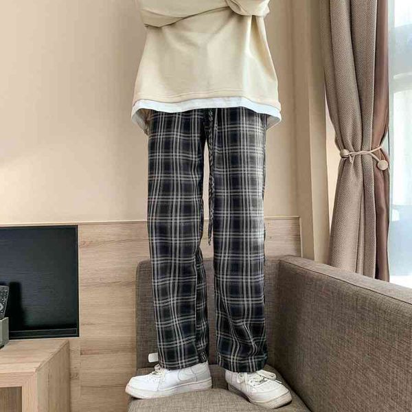 

men's pants spring summer plaid fashion retro casual men streetwear korean loose straight wide-leg mens trousers ba9q, Black