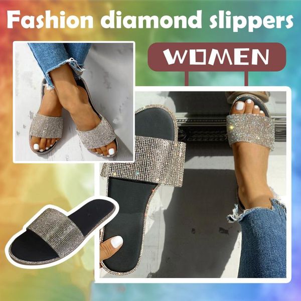 

sandals glitter slippers women's bright diamond flat casual beach shoes 2021 sandalias de las mujeres, Black