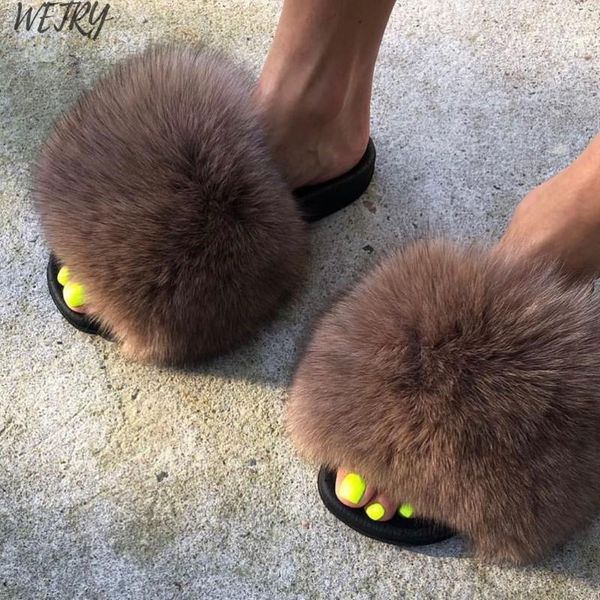 

fur slippers women real slides home furry flat sandals female cute fluffy house shoes woman, Black