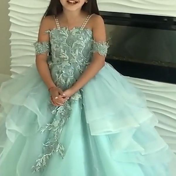 

family matching outfits puffy flower girl dresses off the shoulder princess dress tulle first communion cute kids, Blue