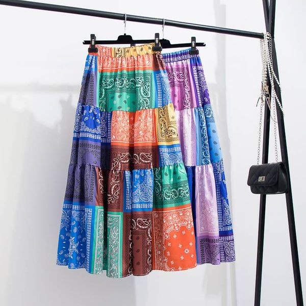 

skirts 2021 summer beach contrast print stitching skirt totem floral loose high waist elastic women's clothing party, Black