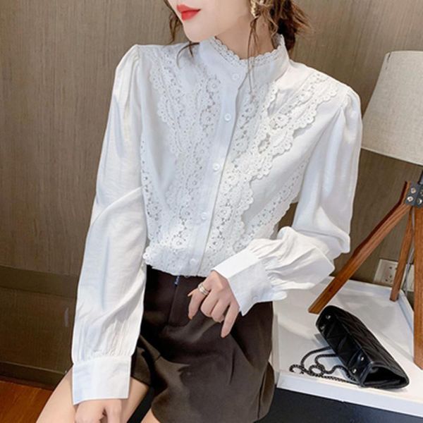 

women's blouses & shirts spring fall stylish cotton blouse chic office lady solid patchwork lace button elegant women long sleeve, White
