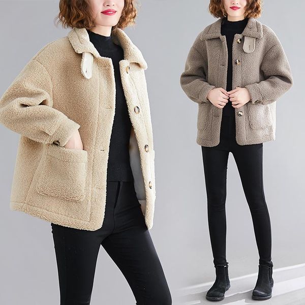 

women's jackets lamb wool short coat 2021 winter wear thickened and fat mm korean large size loose versatile fur one, Black;brown