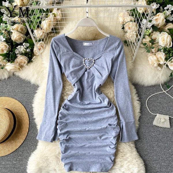 

yuoomuoo ins fashion heart buckle hollow out mini ruched dress autumn high waist slim short bodycon women club casual dresses, Black;gray