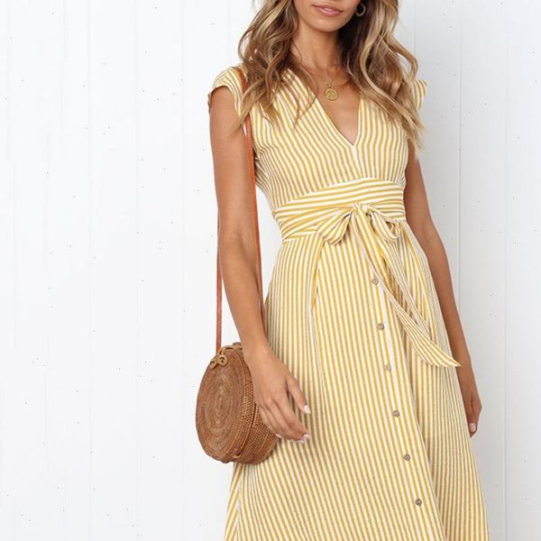 

v neck striped vintage women dress button lace up bow party elegant sleeveless midi dresses vestido, Black;gray