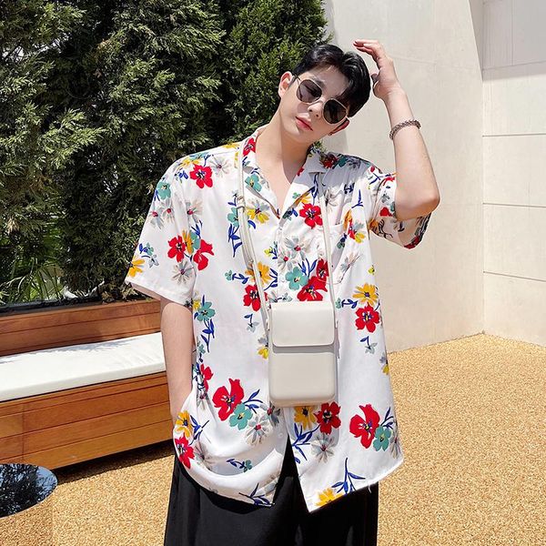

men's casual shirts summer men korean streetwear vintage fashion loose short sleeve flower print thin beach shirt for man, White;black
