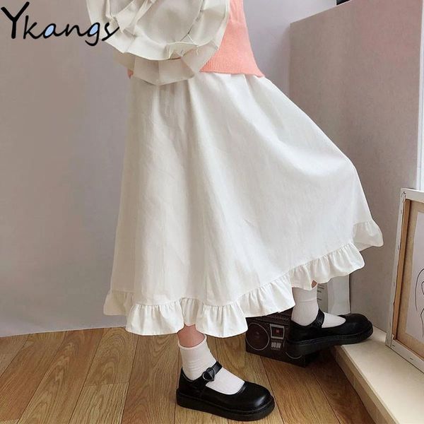 

skirts white ruffle high waist wild skirt female student korean casual loose fairy a-line ins harajuku summer simple college, Black