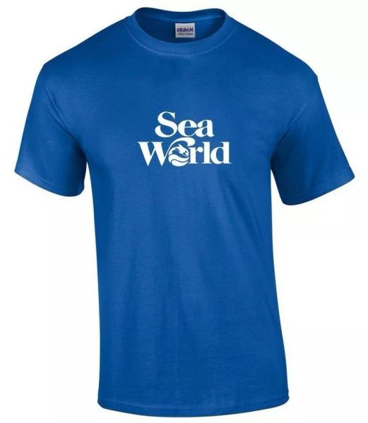 

sea world white logo cool marine animal cool 80s 90s royal blue cotton t-shirt, White;black