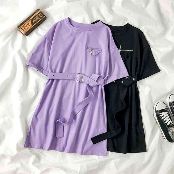 

summer women casual o-neck short dress female zipper mock pocket sleeve high waist vestidos+belt 210430, Black;gray