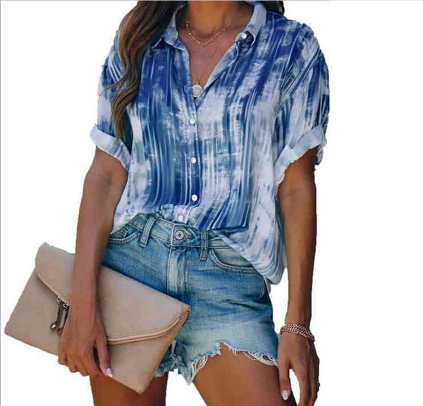 

new arrival summer stylish cross border designer women's print button blouse short sleeve chiffon shirt, White