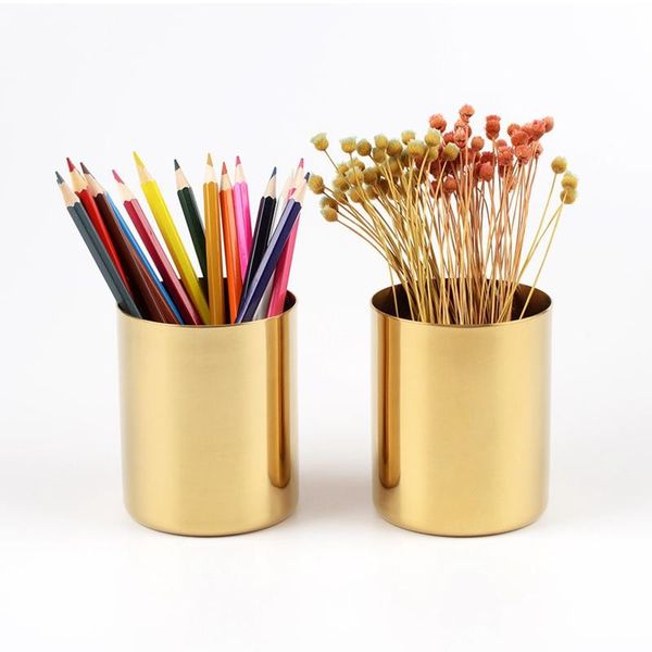 Großhandel Edelstahl Zylinder Stifthalter für Ständer Mehrzweck Bleistift Topflappen Tasse 400 ml nordischen Stil Messing Gold Vase