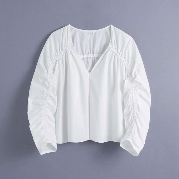 

summer women pleated design three quarter sleeve short blouse female v neck smock shirt casual lady loose blusas s8800 210430, White