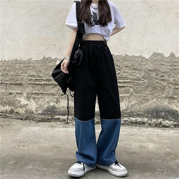 

women's jeans 2021 y2k streetwear vintage elastic high waist wide leg pants harajuku splicing straight baggy denim trouser, Blue