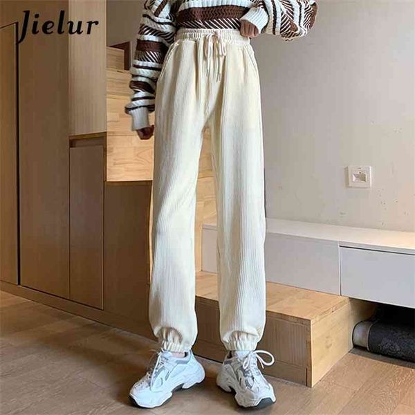 

corduroy trousers women thick casual loose harem pants female apricot gray drawstring elastic waist sport winter 210426, Black;white