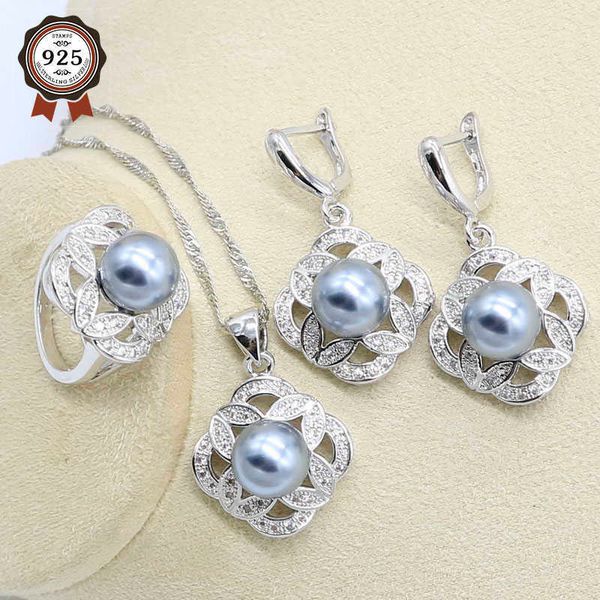 Conjunto de jóias de casamento de cor cinza pérola de prata para mulheres brinco colar pingente anel presente de aniversário H1022