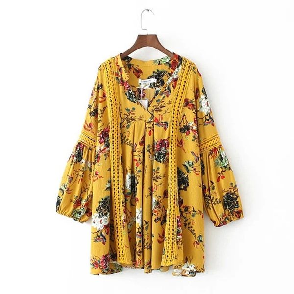 

yellow white v neck hollow out lace floral flower print long sleeve lantern mini short dress loose d0607 210514, Black;gray