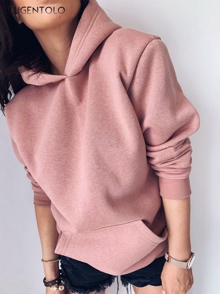 

women's hoodies & sweatshirts lugentolo autumn loose sweatshirt hooded solid color pocket long-sleeved female all-match casual simple, Black