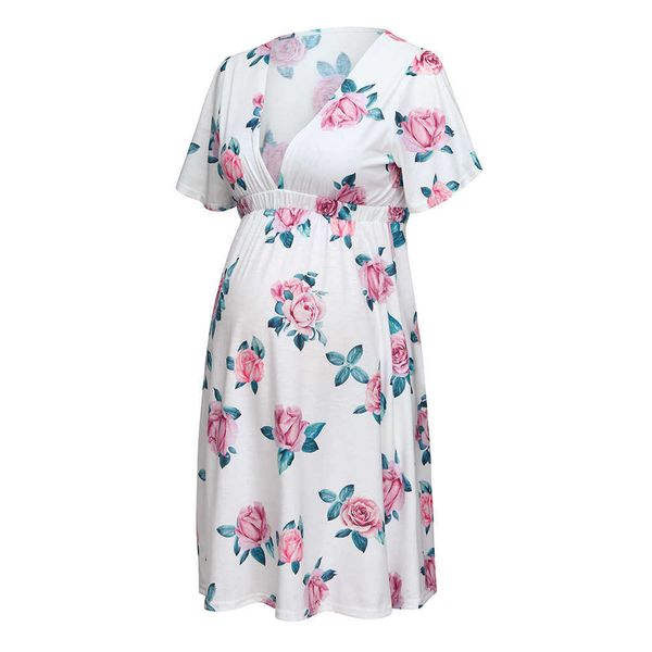

maternity dresses women summer casual short sleeve pregnant maternity v-neck dress flower maternity pregnancy clothes#520 y0924, White