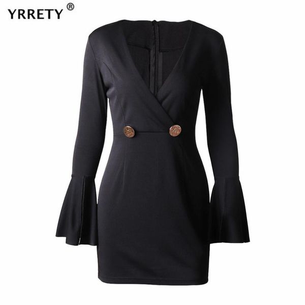 

casual dresses yrrety women fashion long sleeve black mini dress autumn v neck bandage high street lady a line button, Black;gray