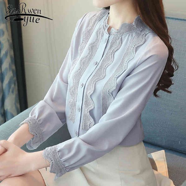 

chiffon lace women blouse and blouses autumn female causal long sleeved shirt solid blusa feminine 1205 40 210521, White
