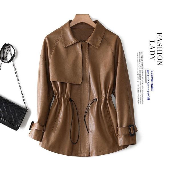 

women's leather & faux 2021 autumn and winter haining clothes loose short casual fashion versatile retro coat, Black