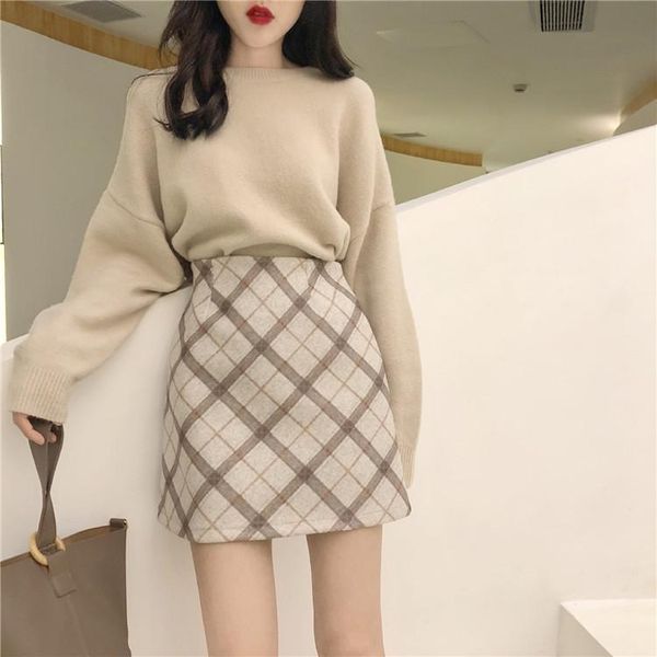 

skirts women's skirt autumn and winter korean version of the retro 2021 high waist all-match a-line short woolen plaid, Black