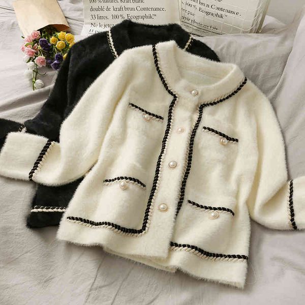 

women's fur & faux fall female short cardigan jacket vison cashmere loose bright stripe of thickened silk mesh upper coat pfbs, Black