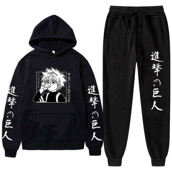 

anime attack on titan levi winter tracksuit 2 piece set print hoodies pants sportwear men suit hooded sweatshirt harajuku g1209, Gray