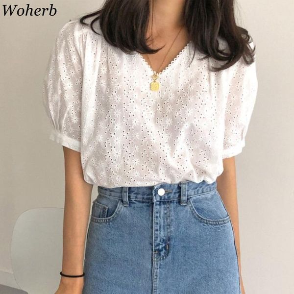 

women's blouses & shirts woherb white hollow out sweet blouse women 2021 summer casual simple elegant shirt korean chic puff short slee