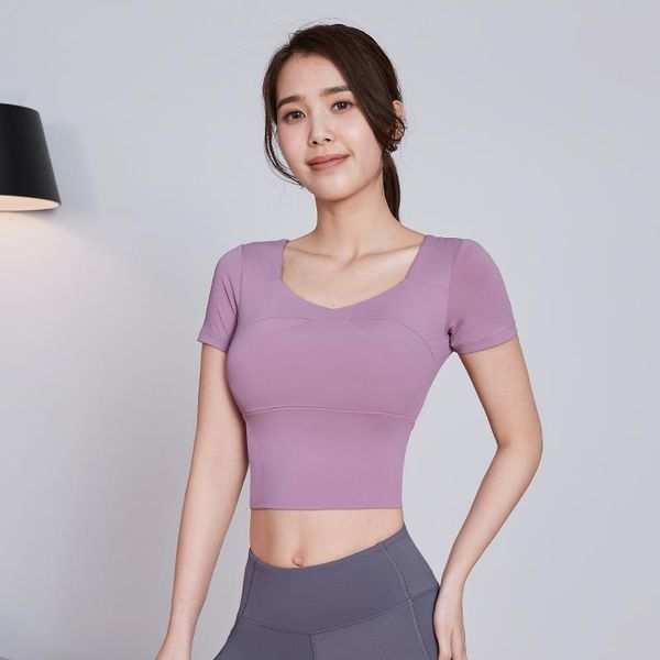 

summer sports workout cropped women gym yoga shirts quick dry fitness training jogging short sleeve with chest padded outfit