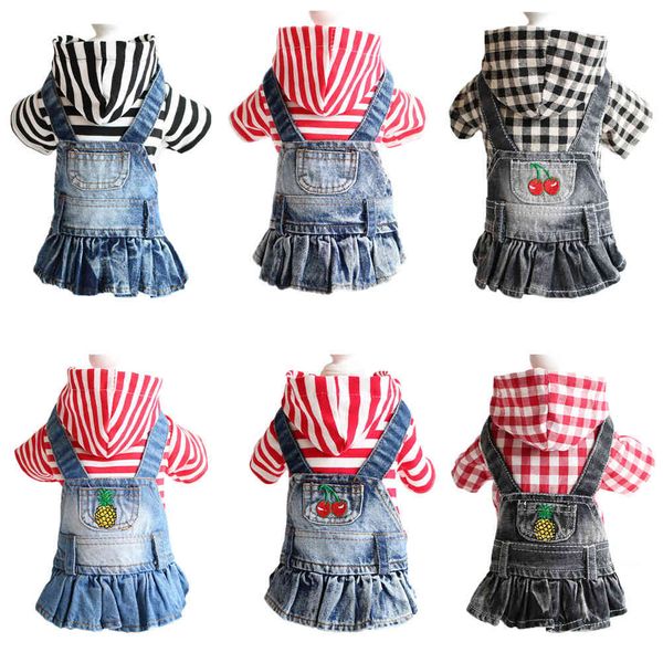 

striped pet cloth spring and autumn winter teddy little dog plaid embroidered denim skirt